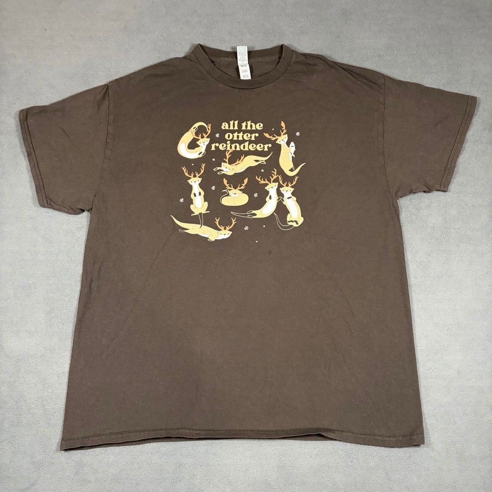 Gildan T-Shirt Mens XL Brown All The Otter Reindeer Graphic Short Sleeve Cotton